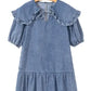 Ruffled Collared Side Pockets Puff Sleeve Denim Mini Dress