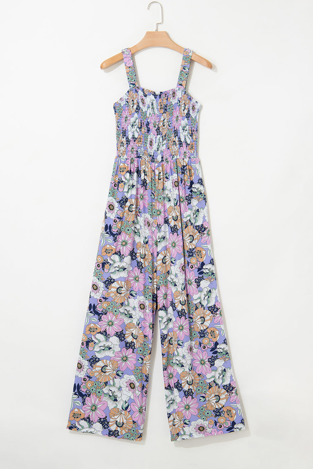 Floral Print Smocked High Waist Square Neck Jumpsuit