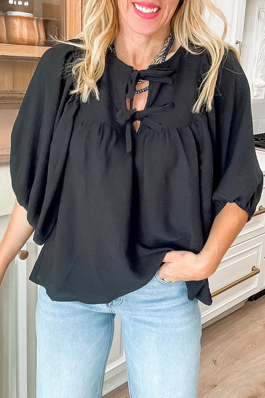 Bow Tie Neck 3/4 Sleeve Casual Blouse
