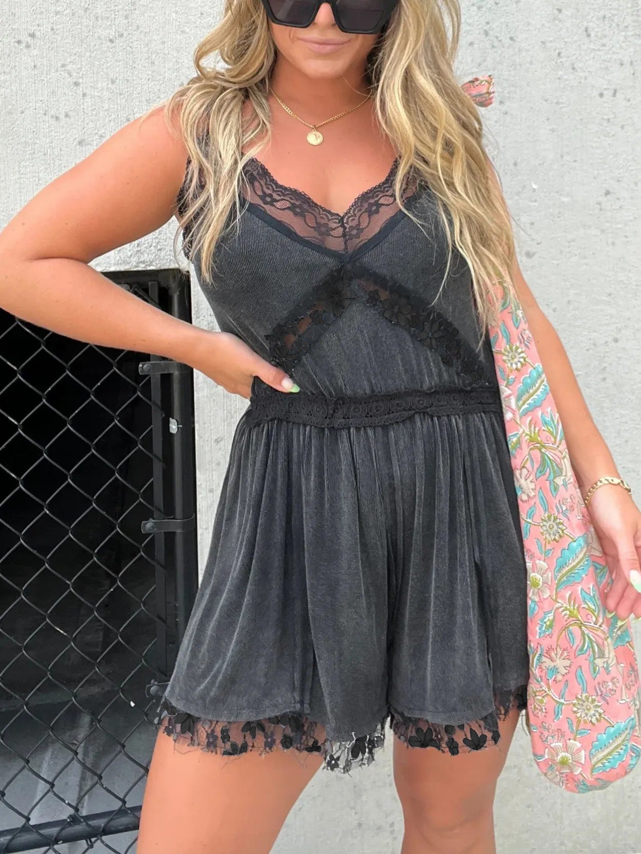 V-Neck Lace Trim Detailing Romper