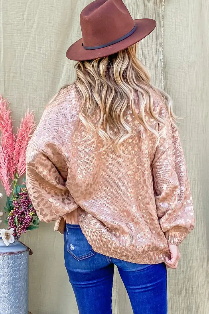 Glitter Leopard Print Puff Sleeve Sweater