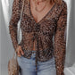 Leopard Sheer Mesh Long Sleeve V Neck Lace-up Blouse