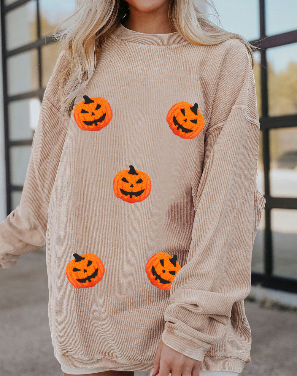 Twisted Rib Texture Chenille Halloween Pumpkin Patched Drop Shoulder Sweatshirt