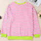 Striped Contrast Ribbed Trim Crossed Stitch Drop Shoulder Sweatshirt