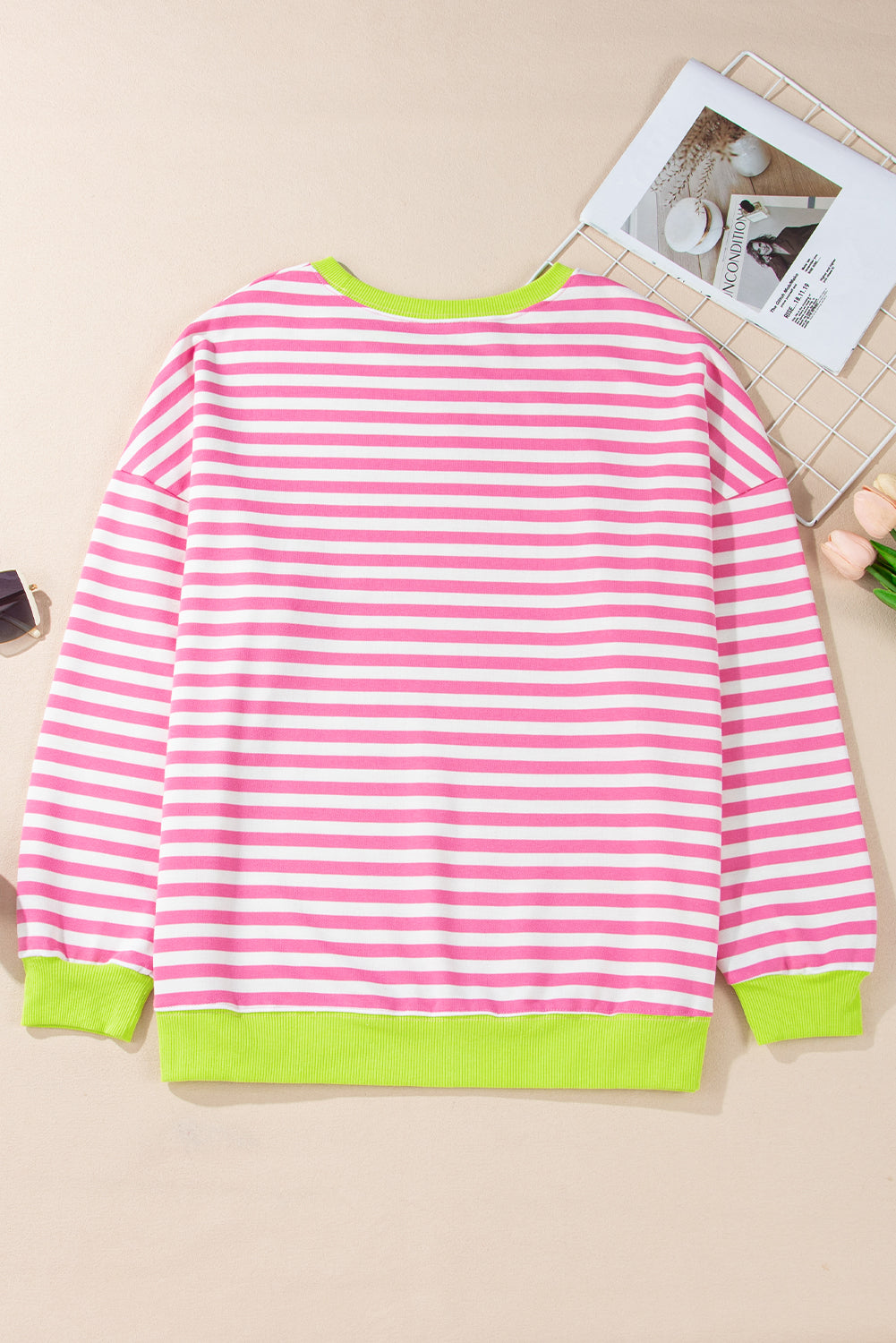 Striped Contrast Ribbed Trim Crossed Stitch Drop Shoulder Sweatshirt