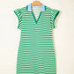 Green Stripe Print Contrast Collar Split Neck Flutter Sleeve Short Dress