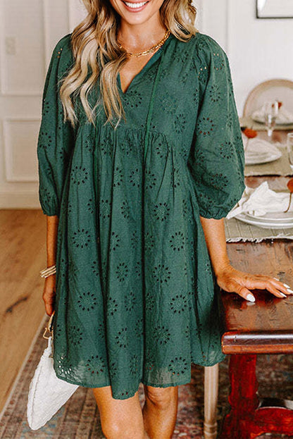Embroidered Eyelet Pattern 3/4 Puffy Sleeve Swing Mini Dress