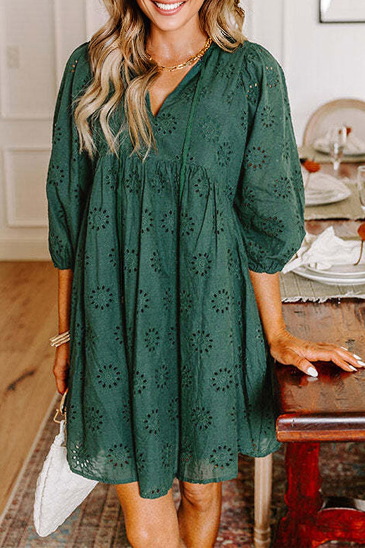 Embroidered Eyelet Pattern 3/4 Puffy Sleeve Swing Mini Dress