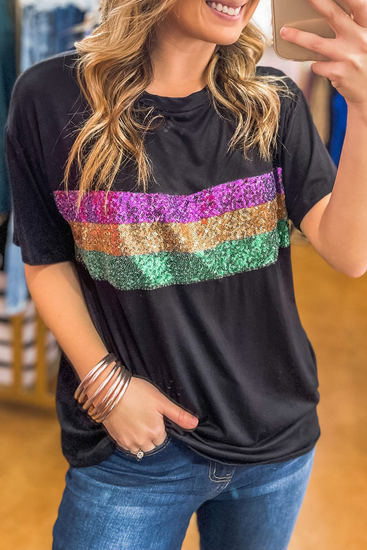 (Preorder 1.1)Mardi Gras Sequin Stripes Patchwork T Shirt