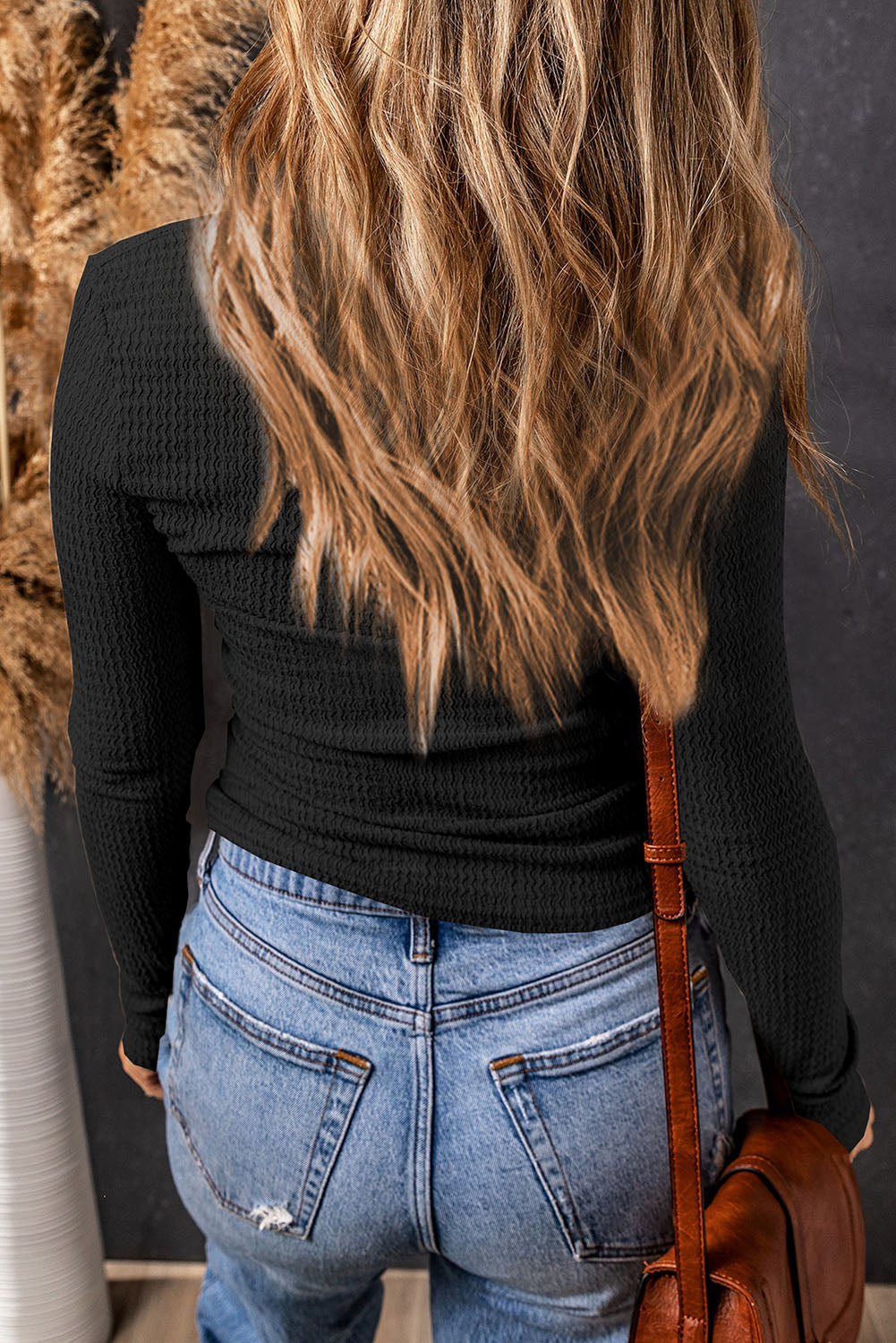 Textured Twist Front V Neck Long Sleeve Slim Solid Color Top