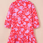 Red Floral Three Quarter Sleeves Ruffle Hem Mini Dress