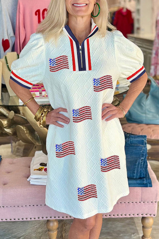 Textured Contrast Striped Detail Sequin Flag Patched Zip Collar T Shirt Dress