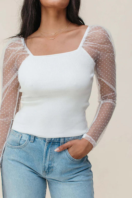 Swiss Dot Mesh Long Sleeve Square Neck Slim Top