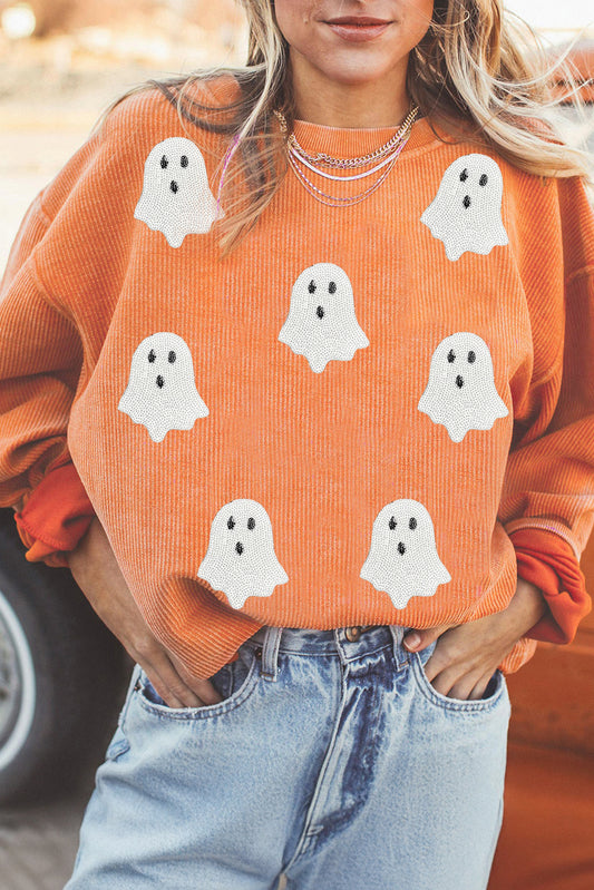Twisted Ribbed Texture Halloween Ghost Sequin Patched Sweatshirt