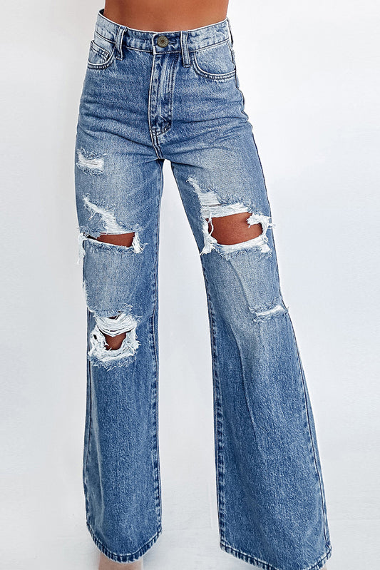 Wash Distressed Wide Leg Jeans