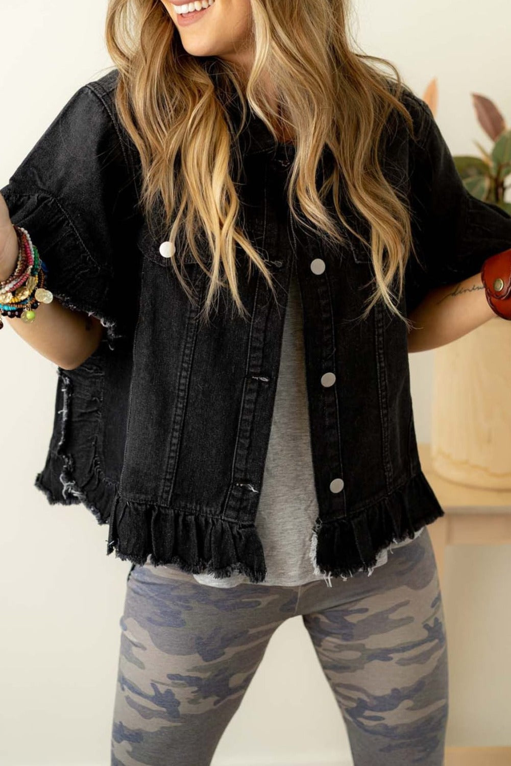 Raw Edge Ruffled Short Sleeve Denim Jacket