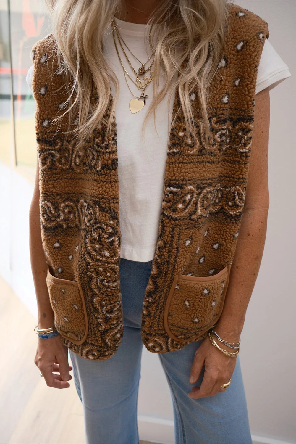 Print Pocketed Western Fashion Vest Jacket