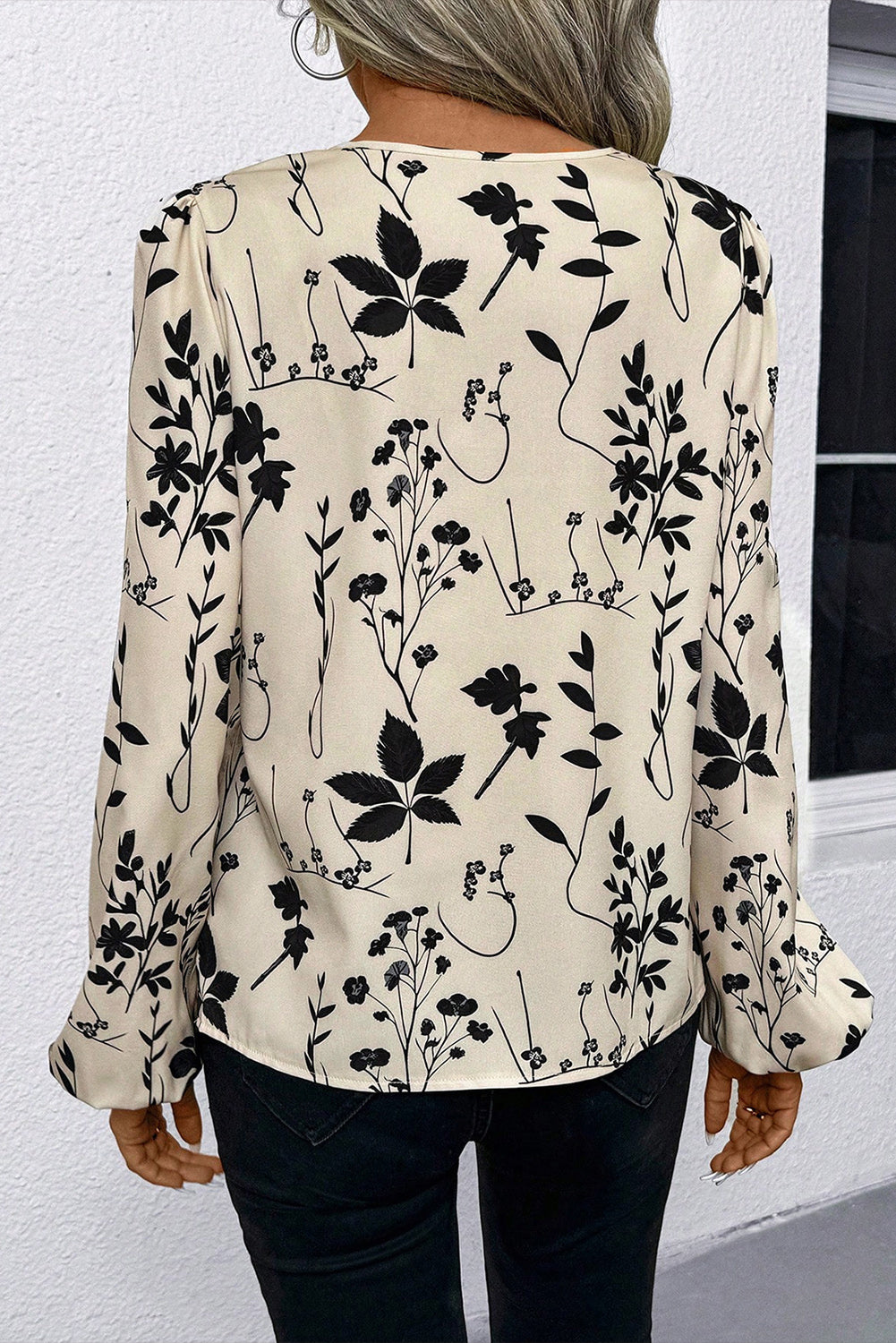 Botanical Floral Print Split Neck Long Sleeve Blouse
