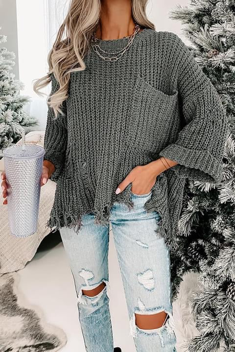 Ripped Raw Hem Chunky Sweater