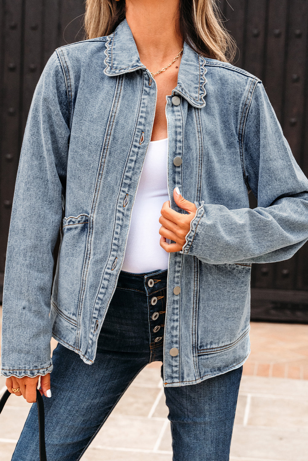 Scallop Trim Collar Patched Pocket Button Up Denim Jacket