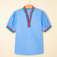 Puff Sleeve Pop of Color Neckline Blouse