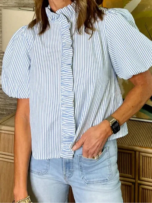 Beau Blue Striped Ruffle Short Bubble Sleeve Shirt