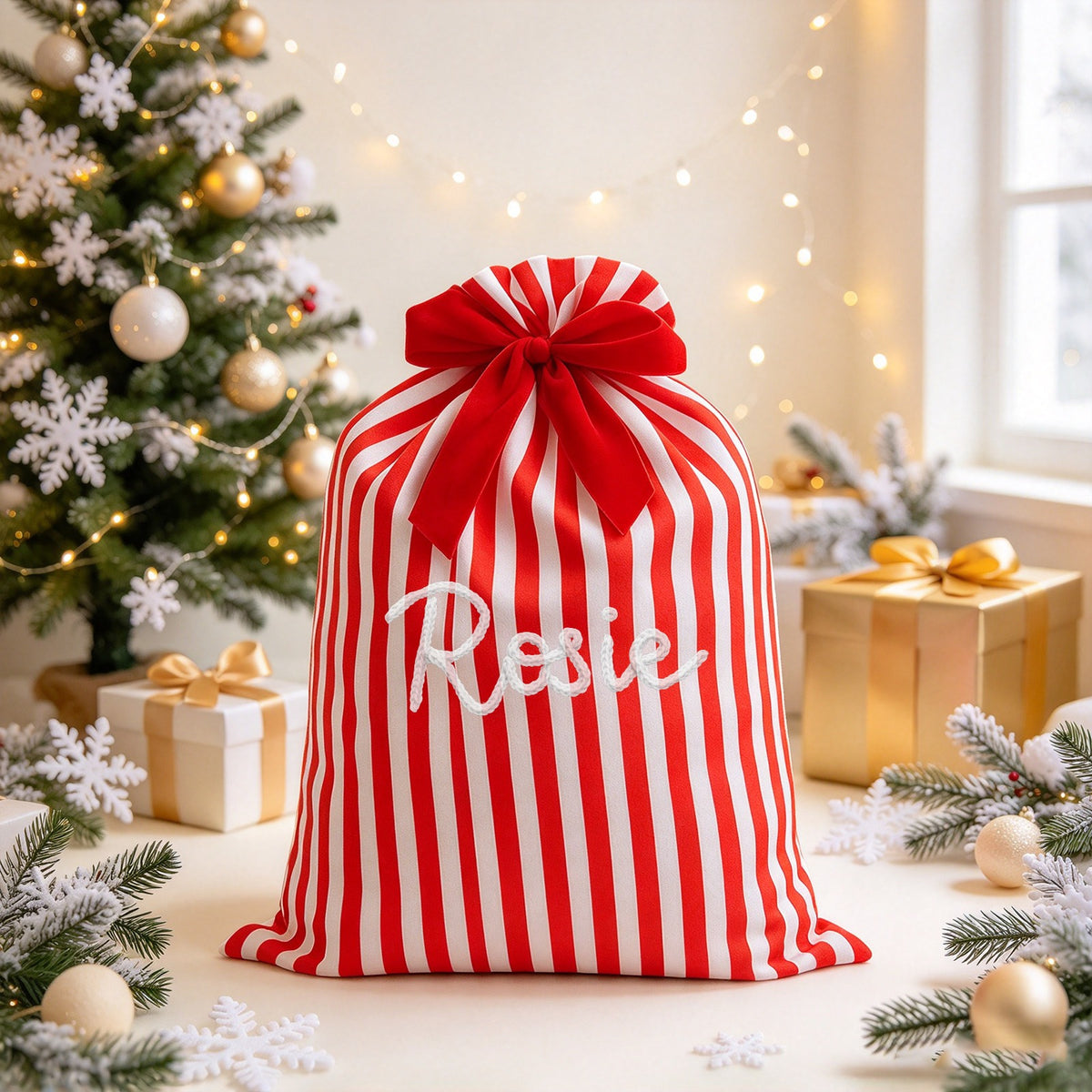 Custom Name Striped Christmas Gift Bag