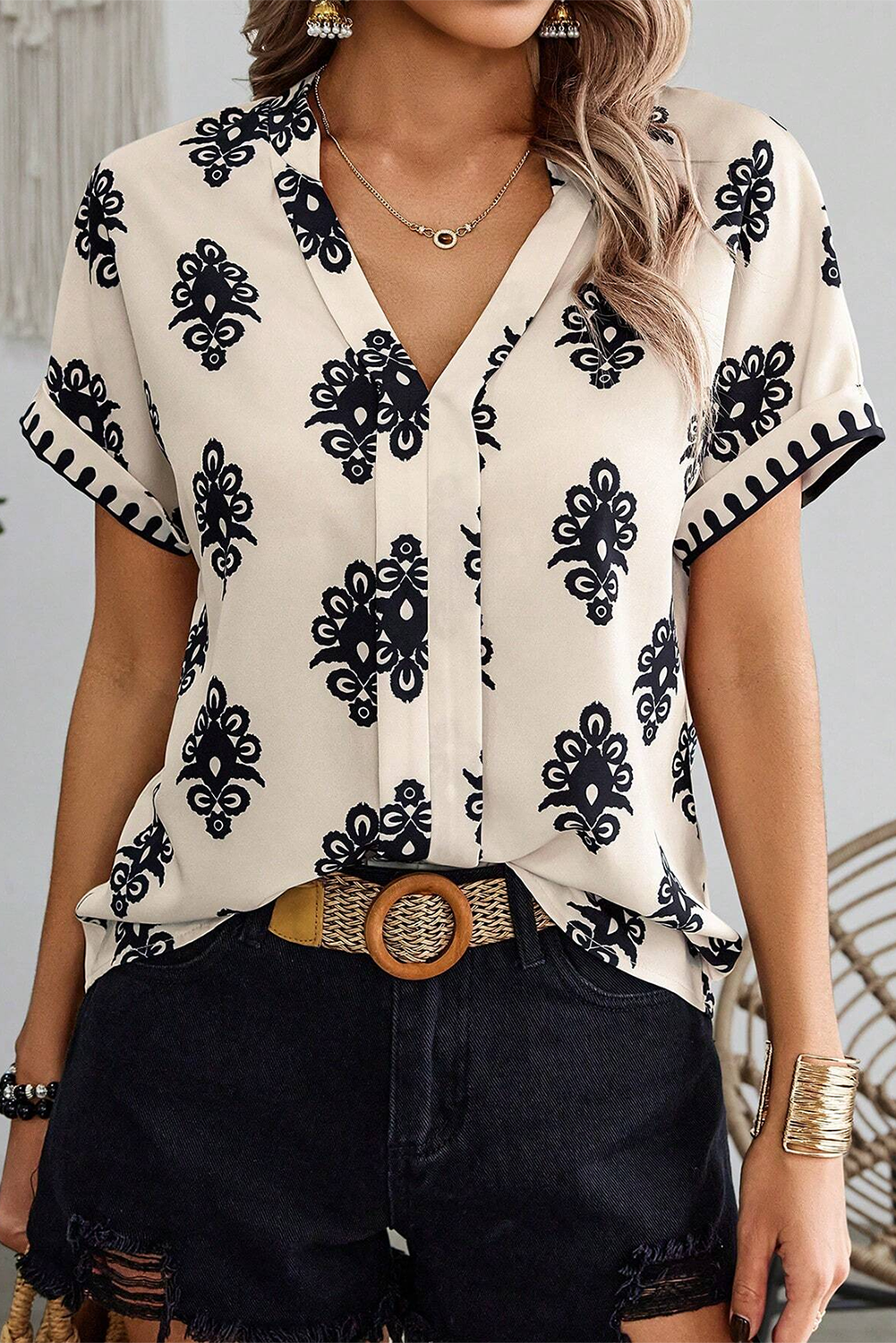 Geometric Print Short Sleeve V Neck Blouse