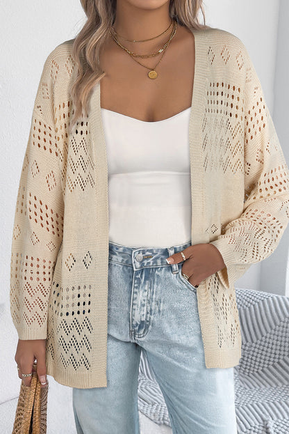 Solid Color Hollowed Knit Open Front Cardigan Sweater