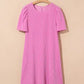 Corded Knit Crew Neck Puff Sleeve Shift Mini Dress