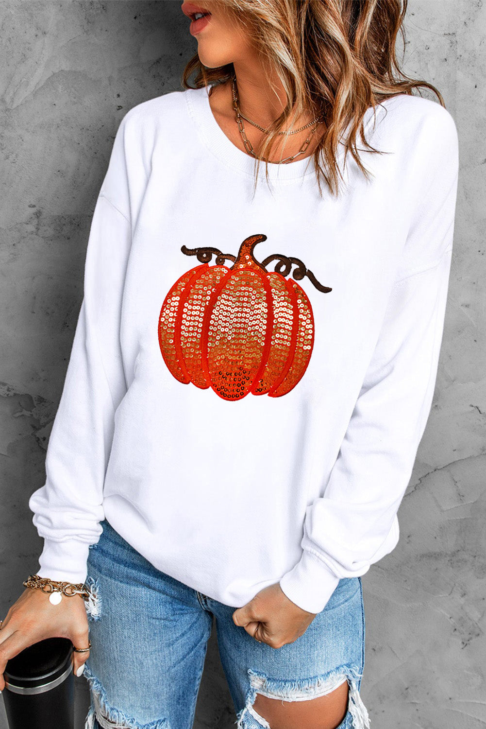 Sequin Pumpkin Patched Casual Pullover Graphic Sweatshirt