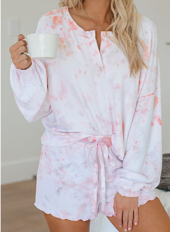 Tie-dye Printed Long-sleeved Top + Shorts Set