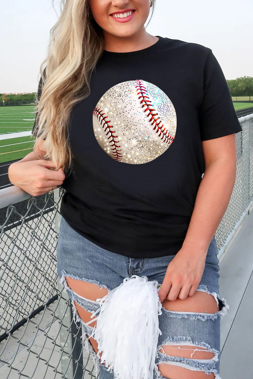 Heat Transfer Baseball Print Cotton Blend T Shirt
