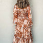 Floral Print Shirred Square Neck High Waist Maxi Dress