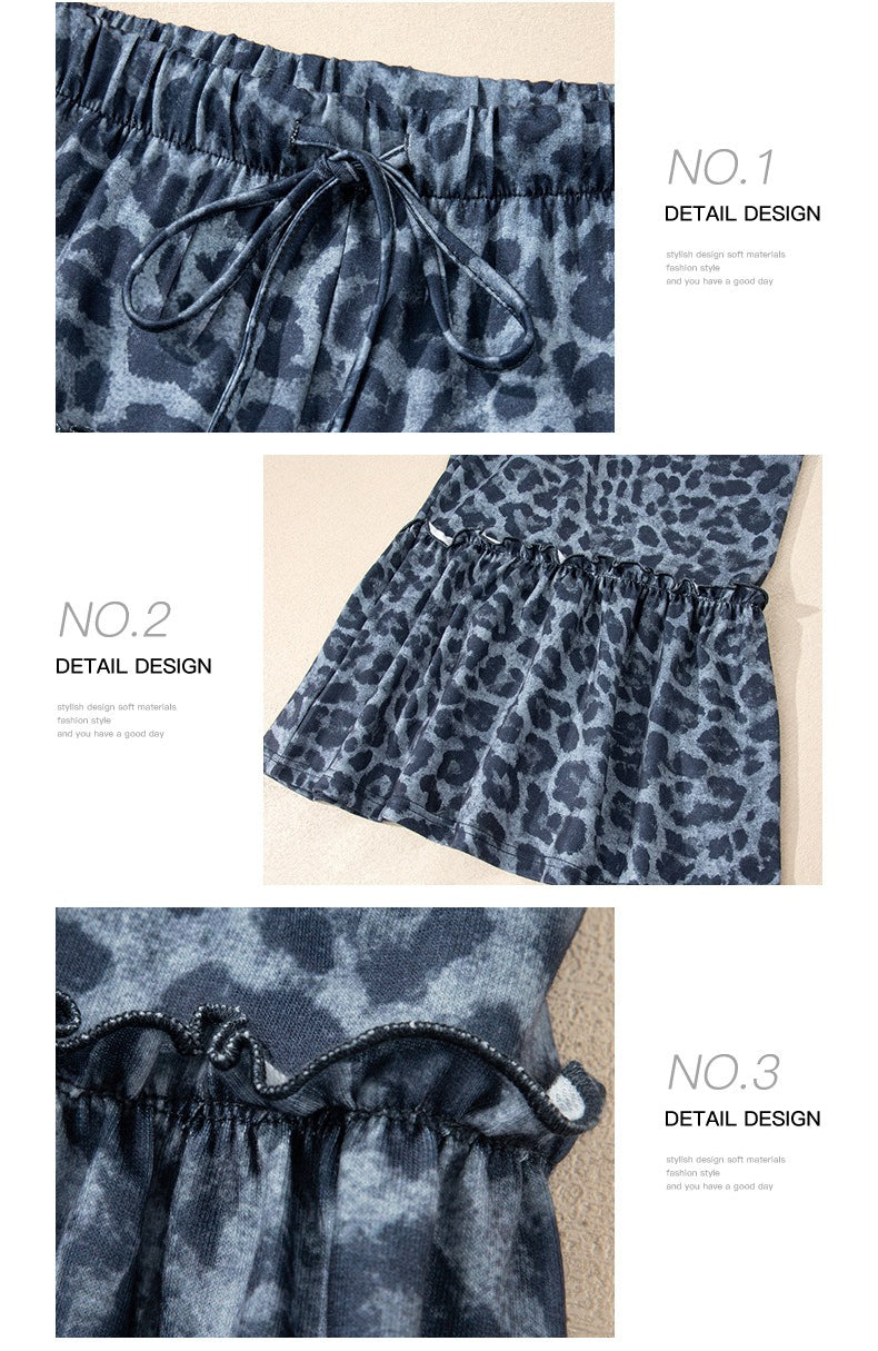 Gray Wild Leopard Print Frilled Detail Drawstring Wide Leg Pants