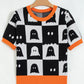 White Geometric Ghost Color Block Trim Short Sleeve Knit Sweater