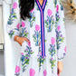 Floral Print Contrast Striped Trim Notched Neck Long Sleeve Dress