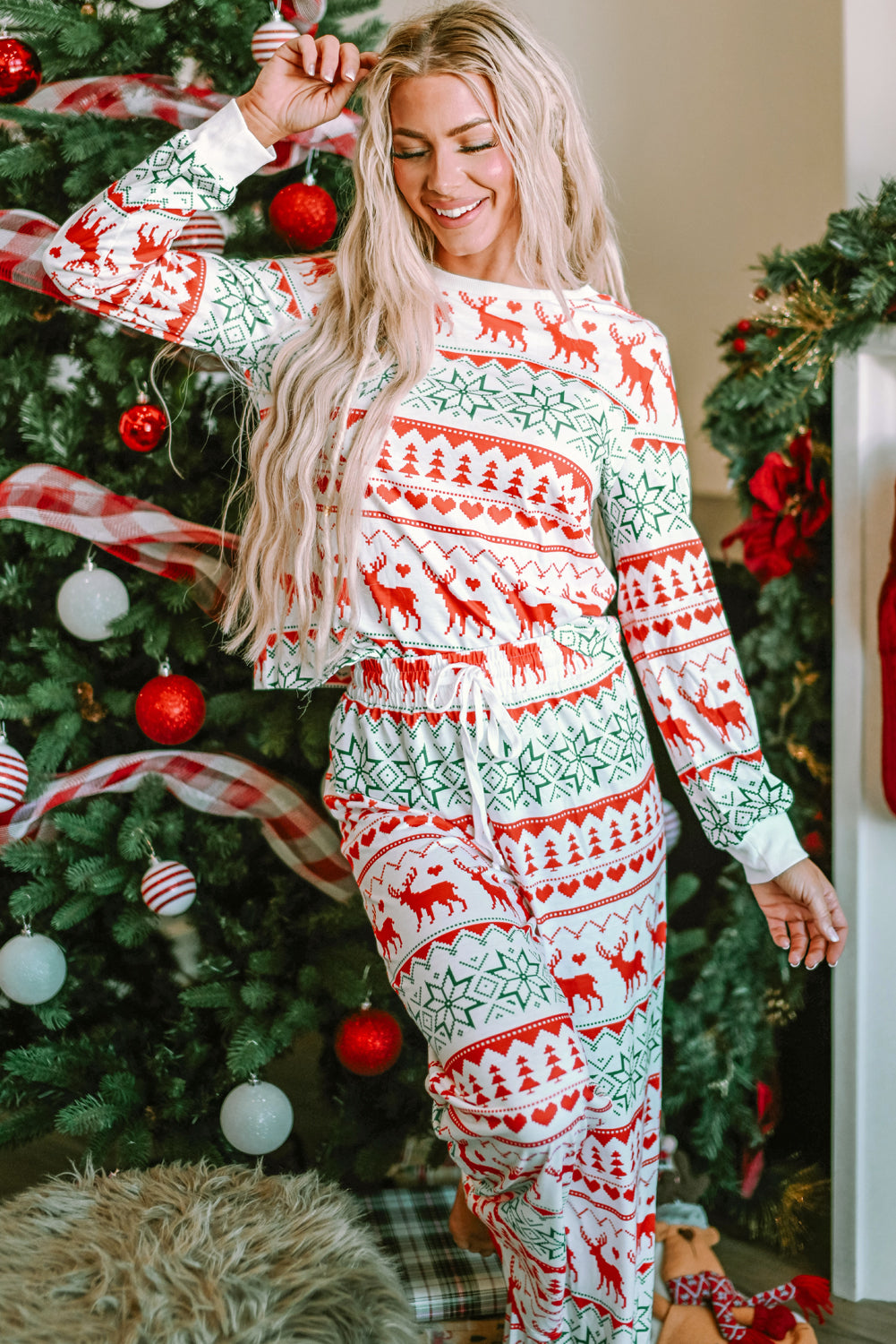 Christmas Print Pullover and Pants Lounge Set