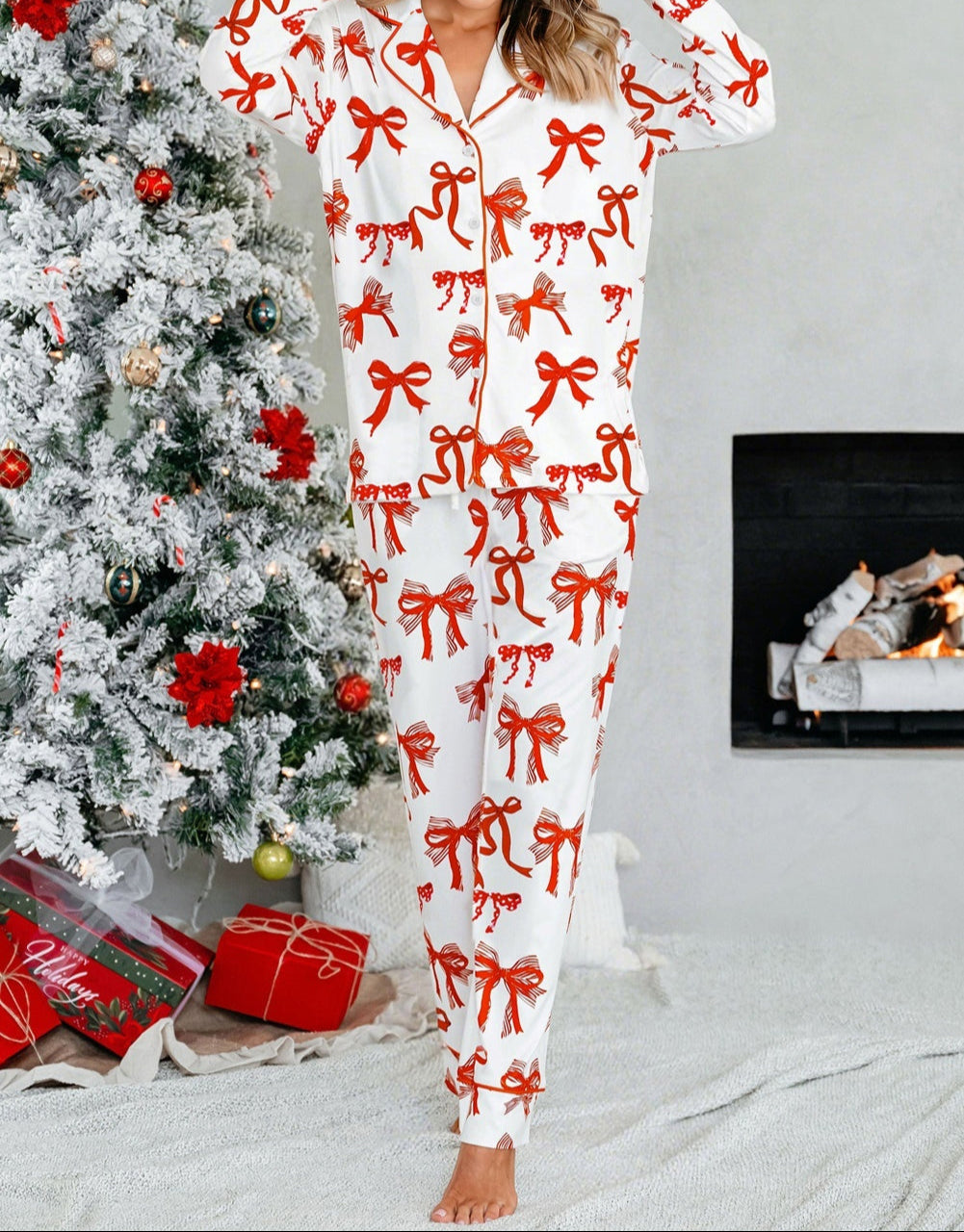 Christmas Bow Print Long 2pcs Pajama Set