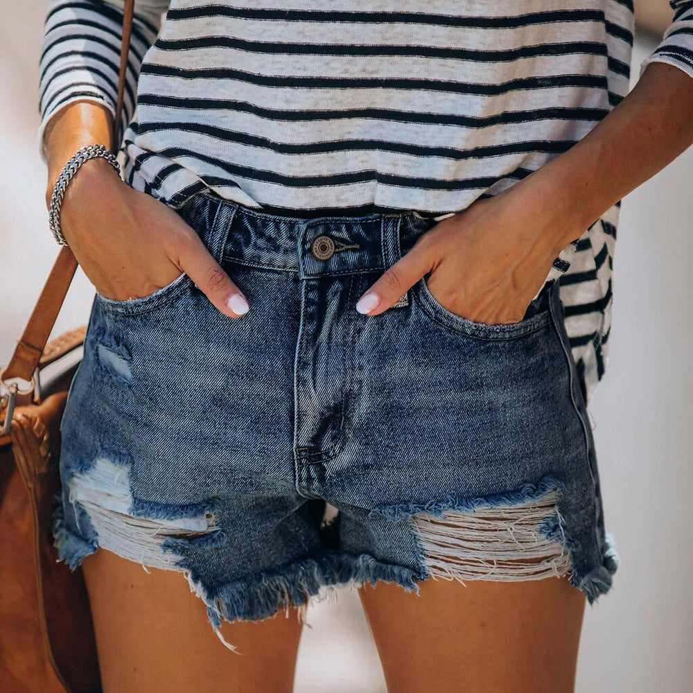 Stretch Destroyed Fringed Denim Shorts