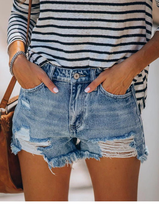 Stretch Destroyed Fringed Denim Shorts