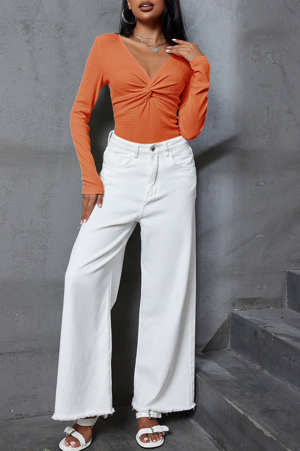 Textured Twist Front V Neck Long Sleeve Slim Solid Color Top