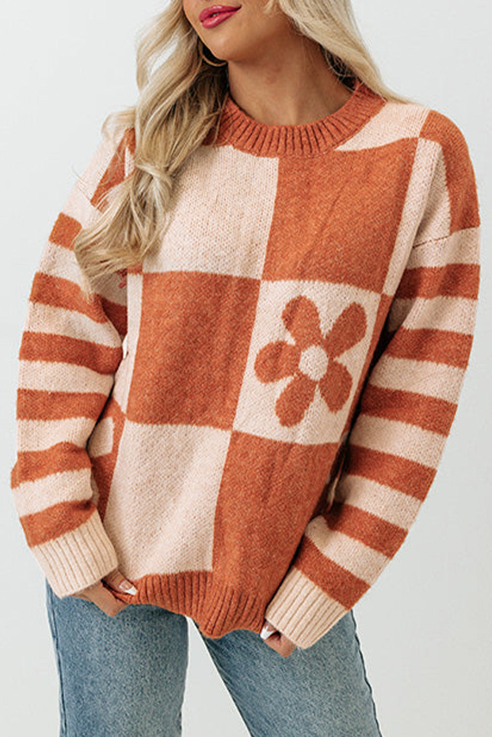 Checkered Floral Print Striped Sleeve Sweater