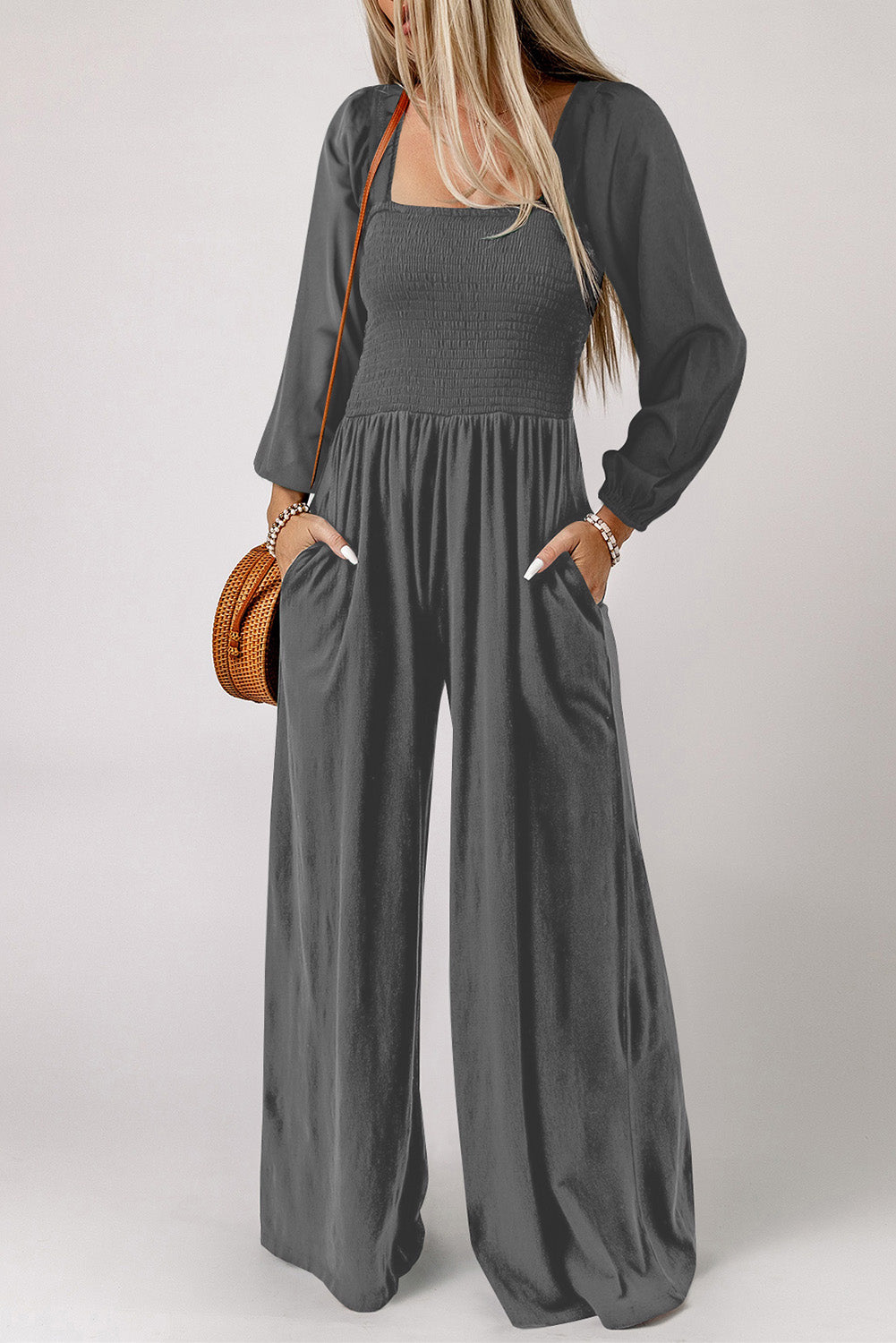 Smocked Square Neck Wide Leg Jumpsuit