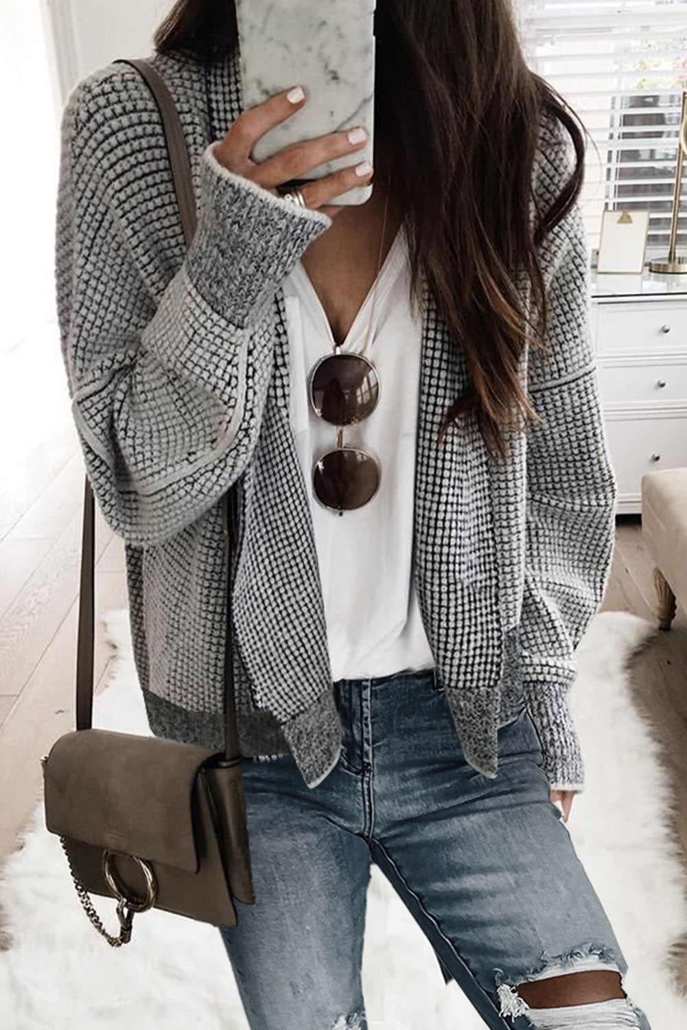 Plaid Contrast Trim Open Front Cardigan(no Pockets)