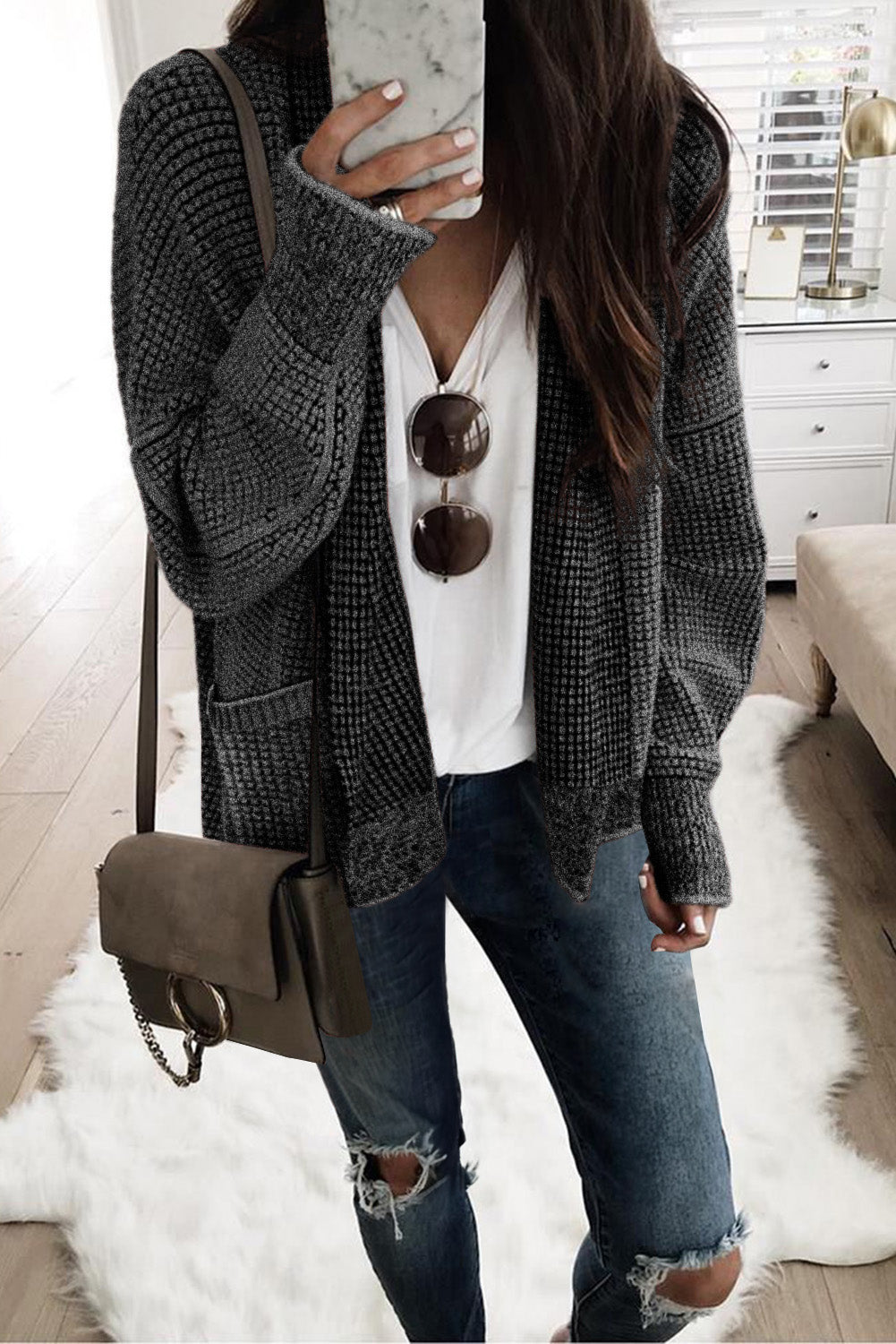 Pocket Chunky Waffle Knit Oversized Collar Cardigan