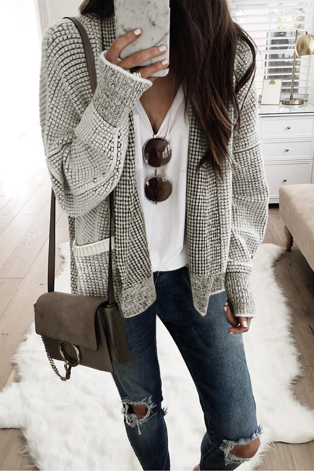 Pocket Chunky Waffle Knit Oversized Collar Cardigan