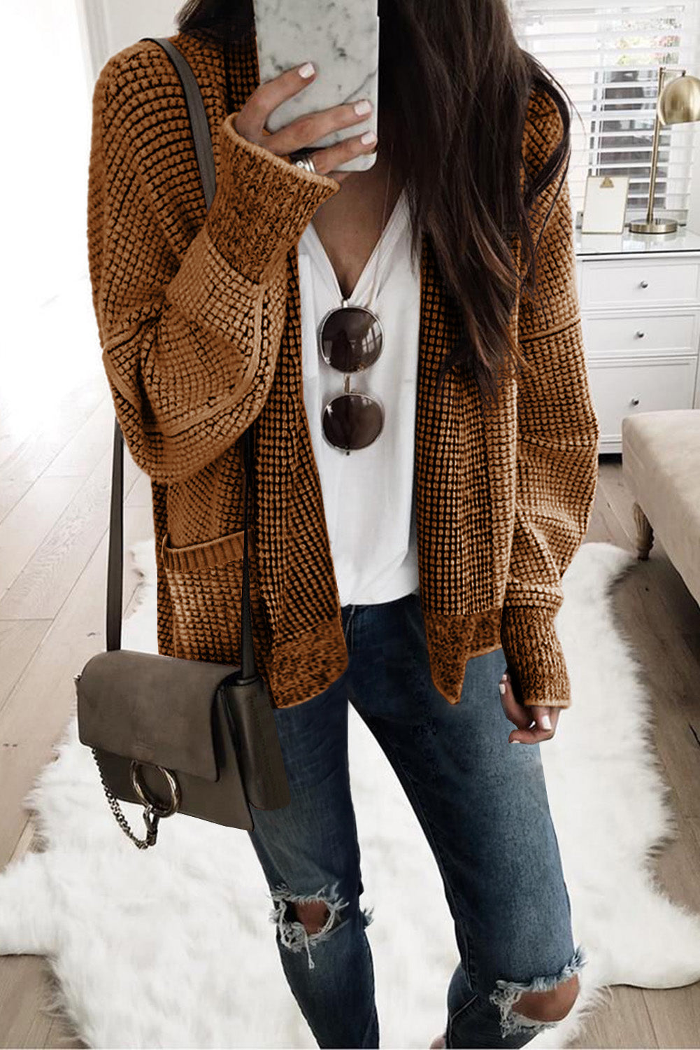 Pocket Chunky Waffle Knit Oversized Collar Cardigan