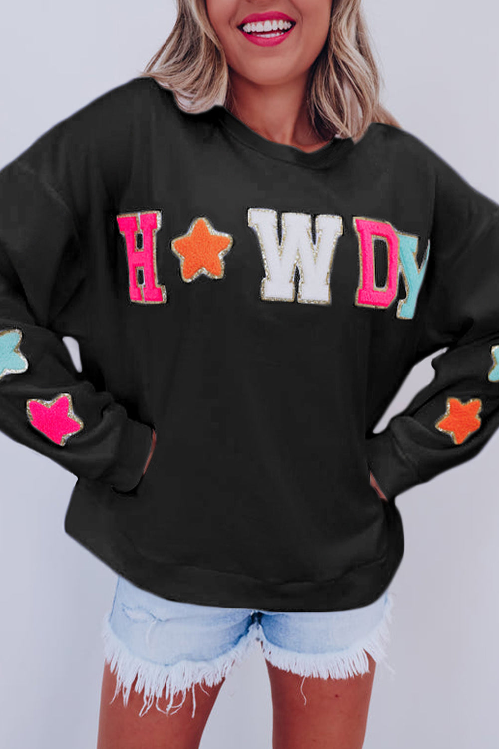 Glitter Howdy Patch Graphic Casual Sweatshirt