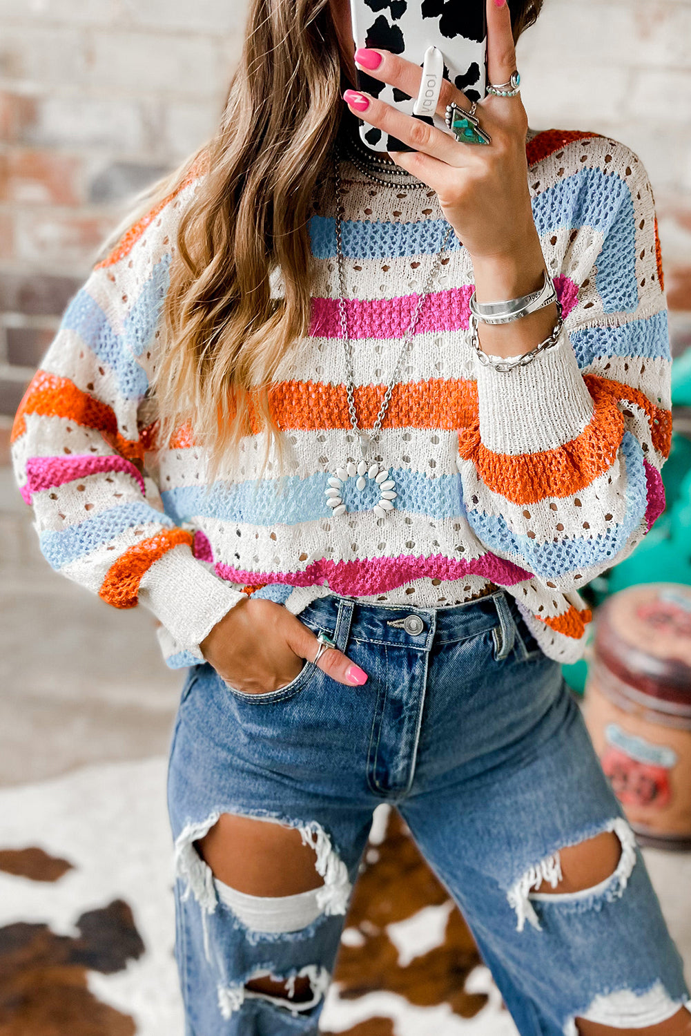 Striped Hollowed Knitted Sweater